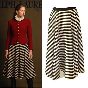 Ralph Lauren Stripe Midi Skirt 2 Black White Full A Line Vintage 90s Silk Cotton
